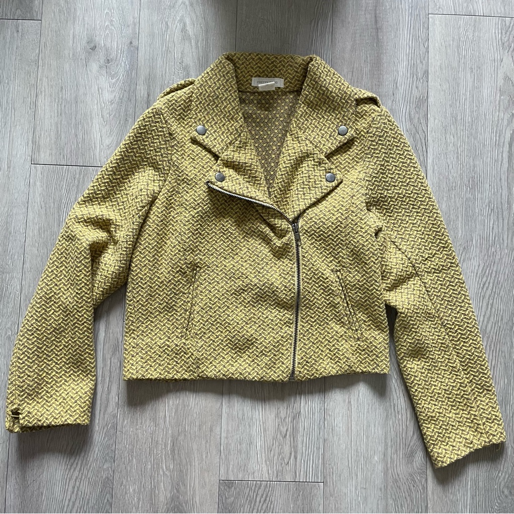 Yellow And Brown Patterned Moto Jacket With Silver Buttons. Size: M